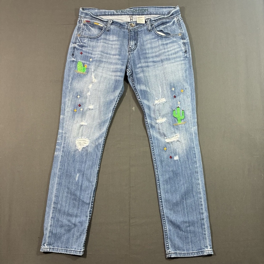 Cruel Girl Women's Jeans 29x27 Blue Distressed Cactus Embroidered Stretch Denim